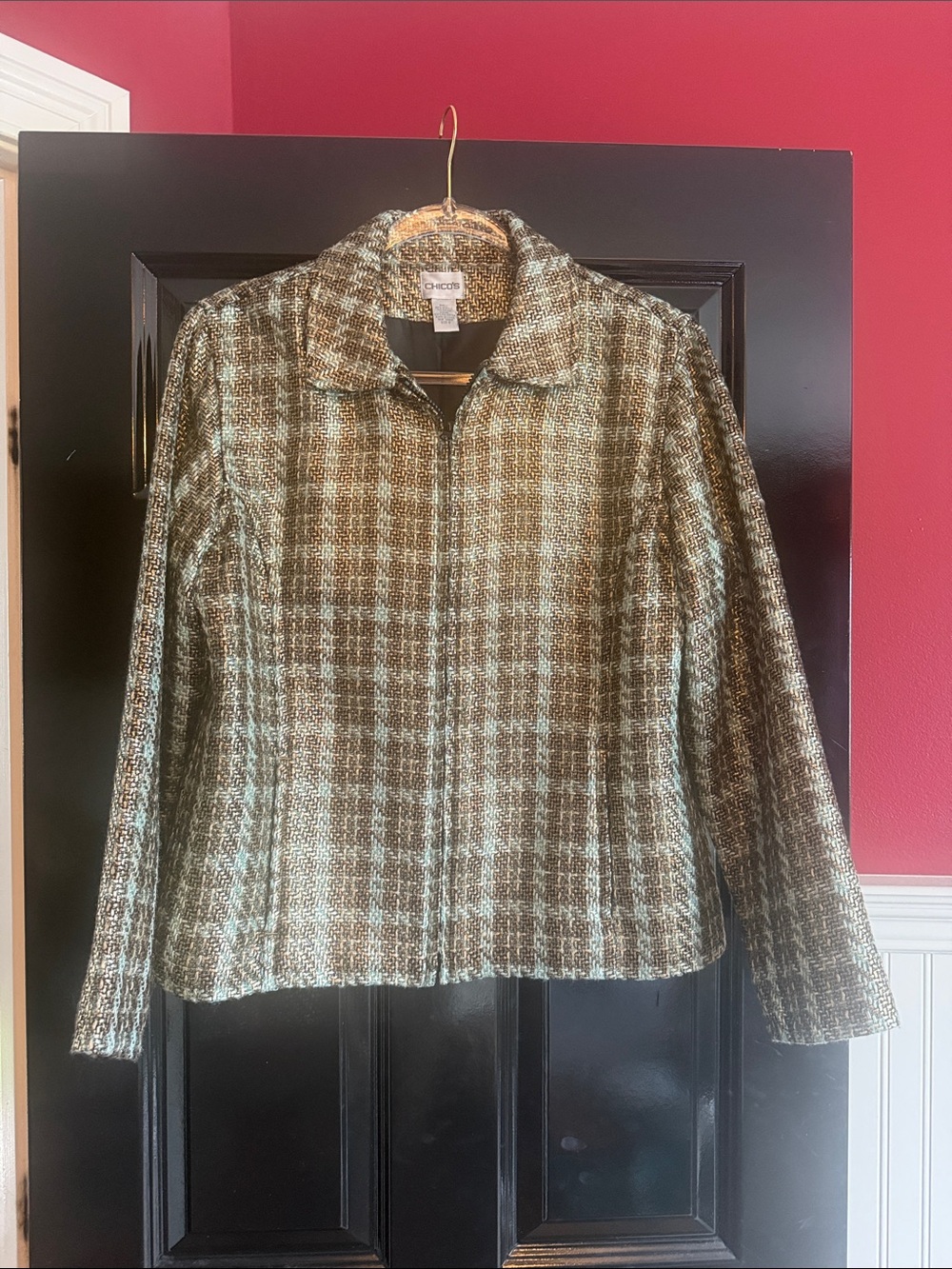 Chico's Olive, Brown and Cream Plaid Tweed Zip-Front Jacket